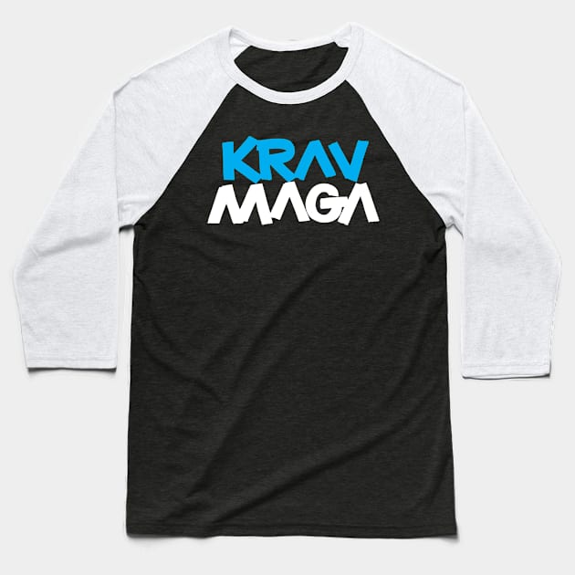 Krav Maga Blue Blocky Letters Baseball T-Shirt by polliadesign